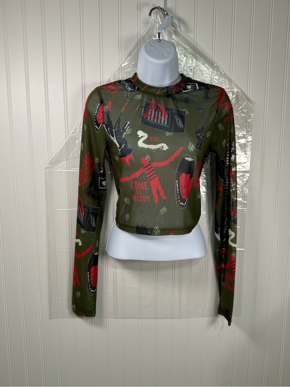 A Nightmare On Elm StWomen’s Olive Graphic Long-Sleeve Mesh Top
